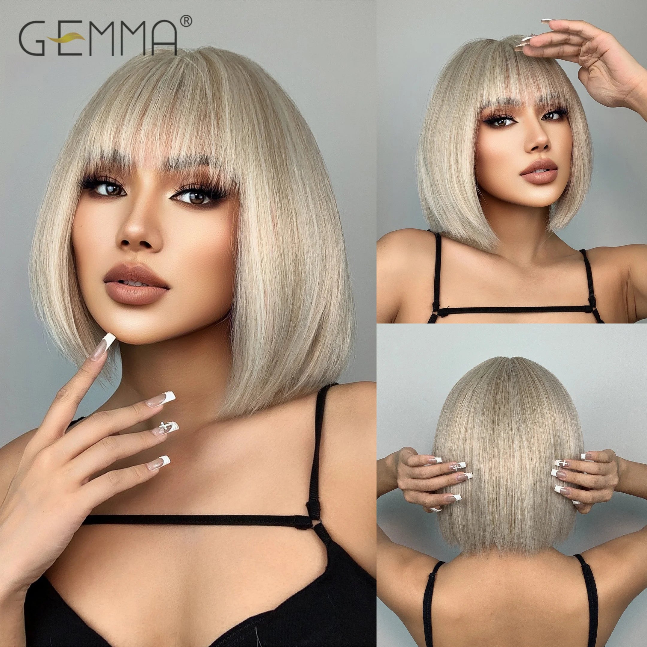 GEMMA Dark Brown Bob Synthetic Natural Hair Wig with Fluffy Bangs for Women Short Straight Wigs Heat Resistant Daily Cosplay Wig