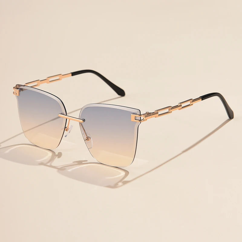 New Sunglasses Women Rimless Cat Eye Eyewear Gradient Brown Cutting Lens Sun Glasses For Female Alloy Eyeglasses Brand Designer