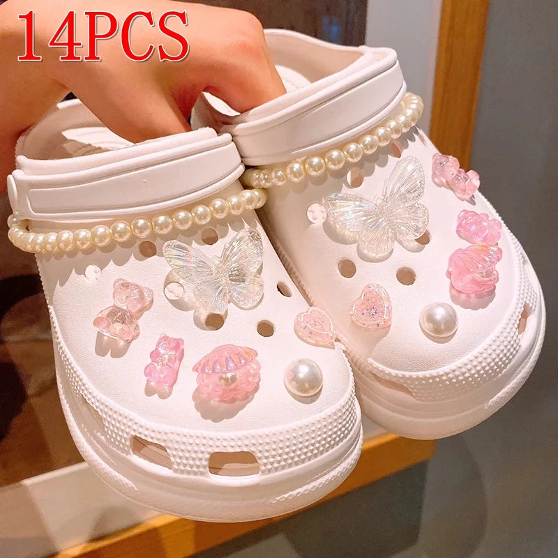 12/14PCS Advanced Bow Shoe Decorations Shoe Charms Set Pearl Butterfly Shoe Decoration DIY Detachable Buckle Shoes Accessories