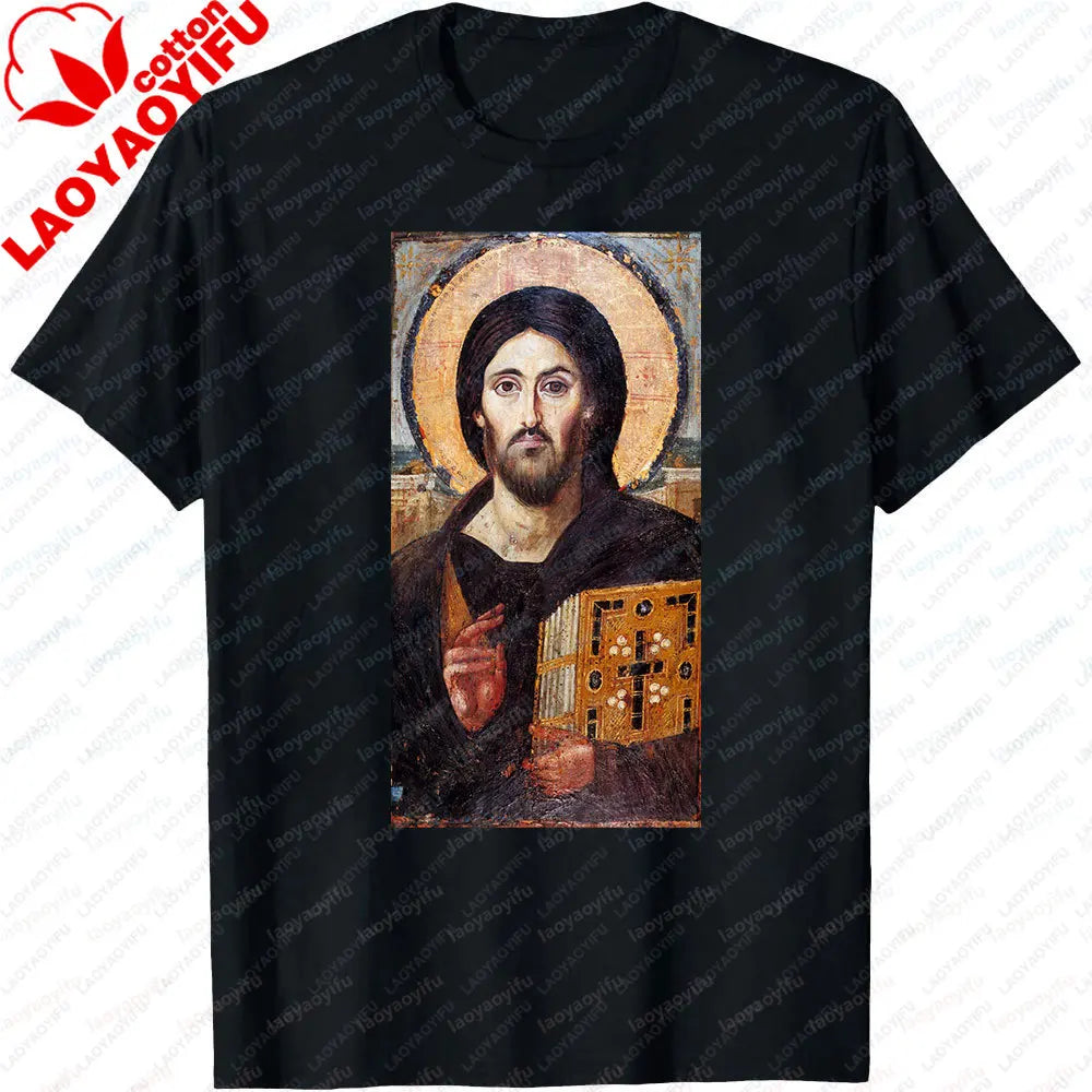 Jesus Christ Pantocrator Icon Sinai Orthodox Christian Man Gift Printed T-Shirt Summer Women Short Sleeve Cotton Unisex T Shirt