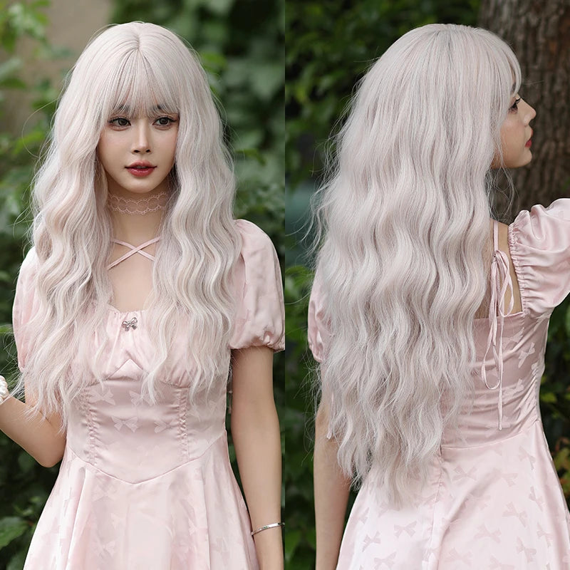 7JHH WIGS Body Wavy Wig Long Loose Curly Brown Wig for Women Daily Use High Density Synthetic Layered Hair Wigs with Bangs