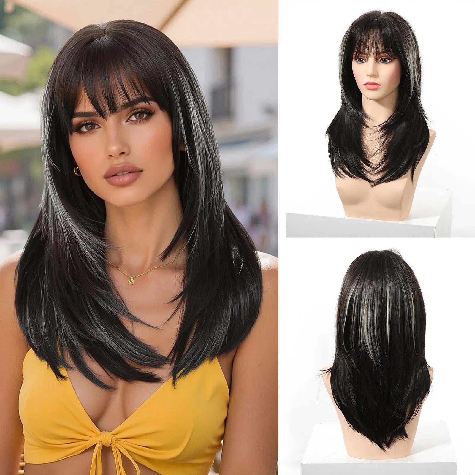 EASIHAIR Purple Synthetic Wigs for Women Long Straight Layered Hair Wigs With Side Bangs Ombre Purple Black Wigs Heat Resistant
