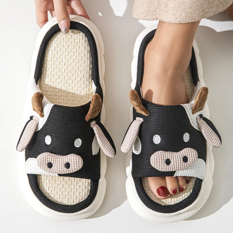 Gacimy Women's Cartoon Linen Slippers Comfortable Soft Thick Sole Indoor House Slippers Summer New Breathable Cute Linen Slides