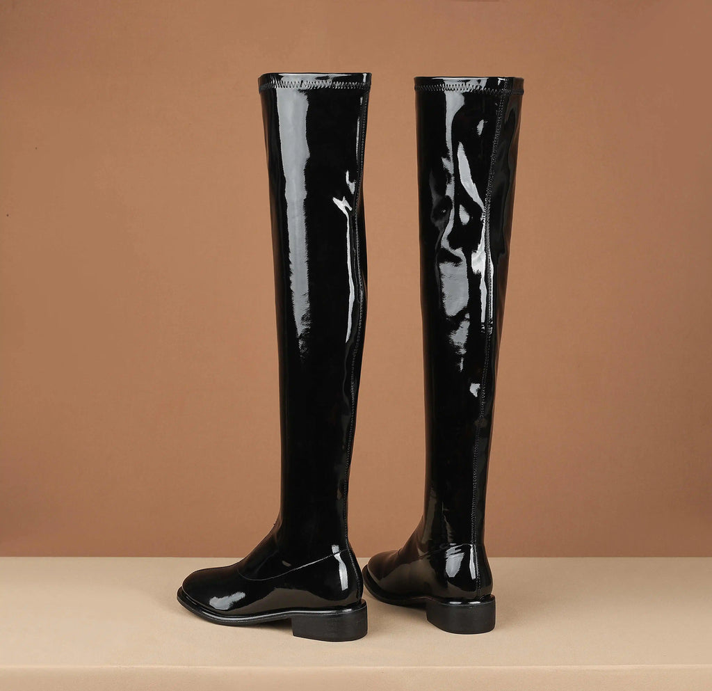 Krazing Pot Large Size 43 44 45 Microfiber Round Toe Chunky Med Heel Stretch Boots Winter Shoe Brand Fashion Over-the-knee Boots