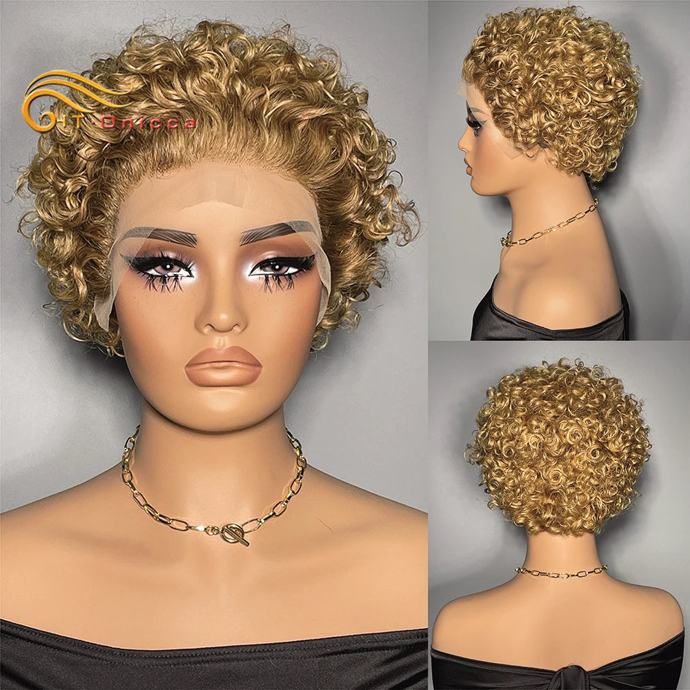 Curly Human Hair Wig Short Bob Pixie Cut Wig Human Hair For Women Brazilian Water Wave 13x1 Transparent Lace Wig