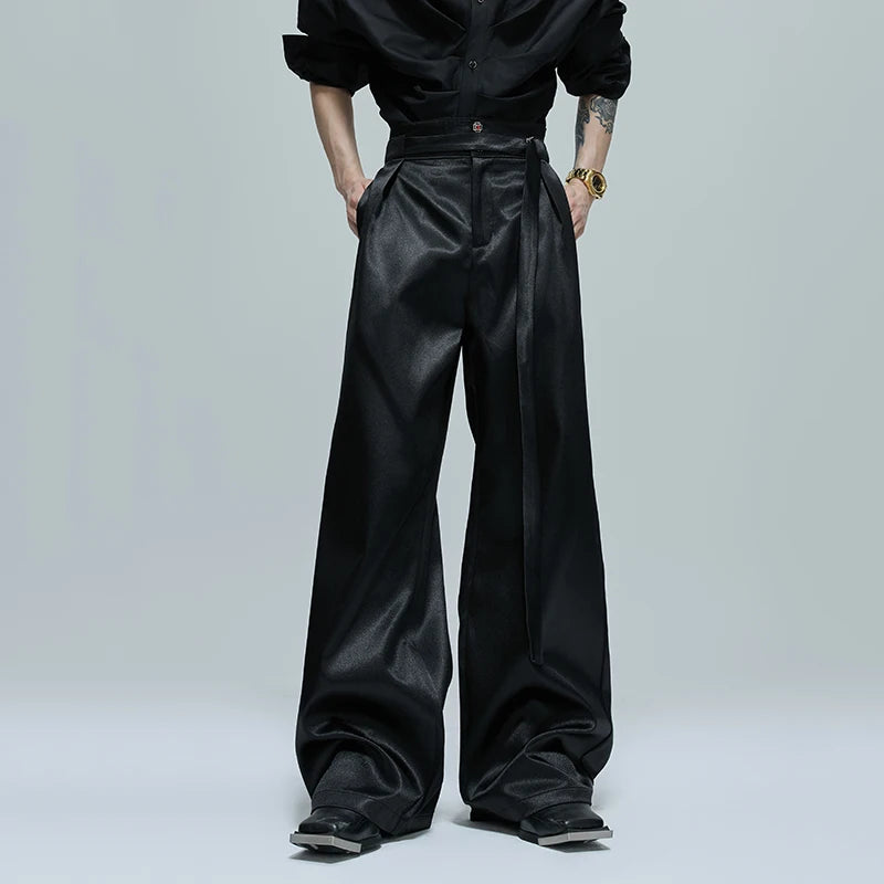 FEWQ Niche Design Men's Suit Sets Lapel Double Breatsed Silhouette Glossy Blazers Wide Leg Belt Chc Button Male Trousers 24K6098