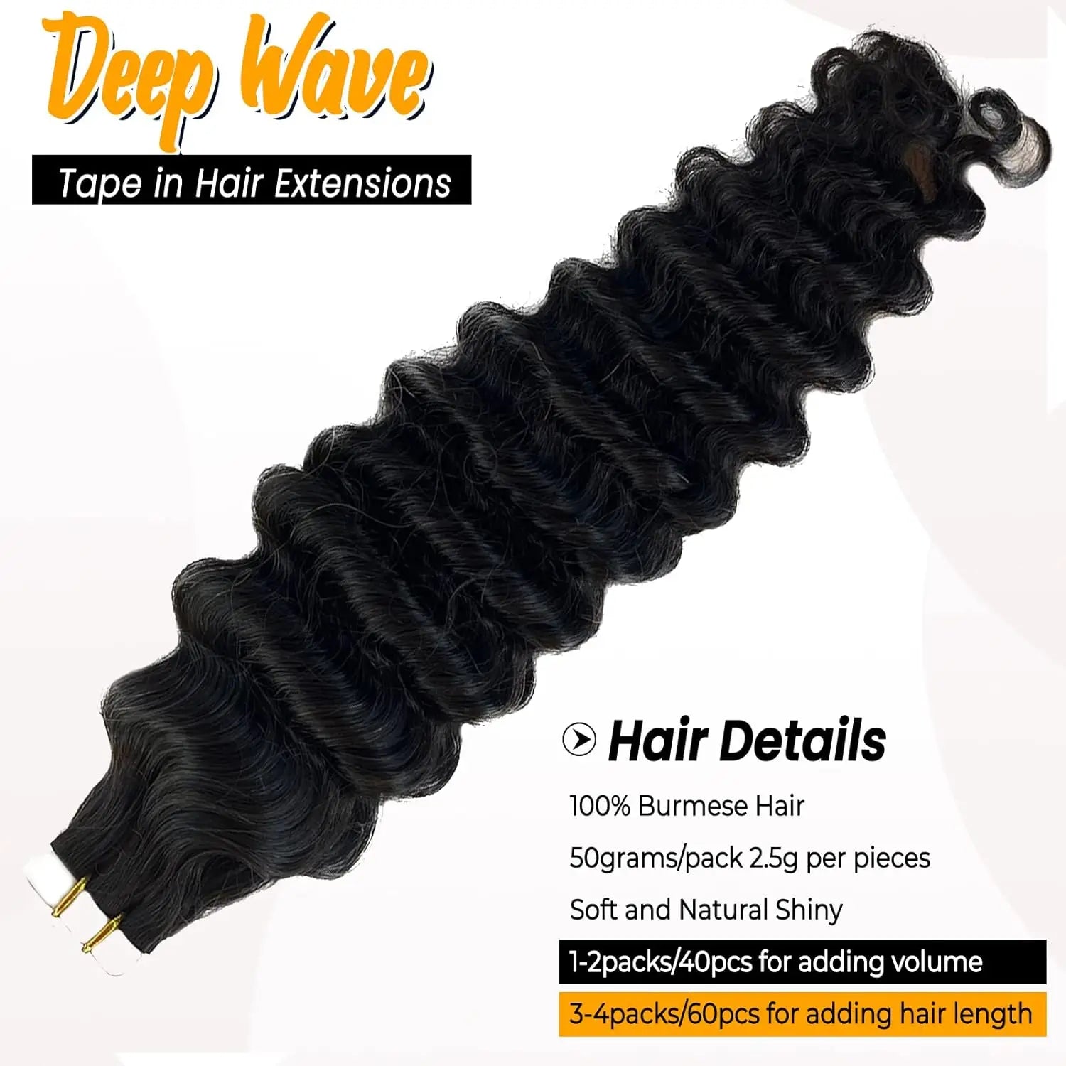 Curly Tape in Hair Extensions Deep Wave Tape in Hair Extensions 100% Human Hair Full Head Skin Adhesive Natural Black 24 26 Inch