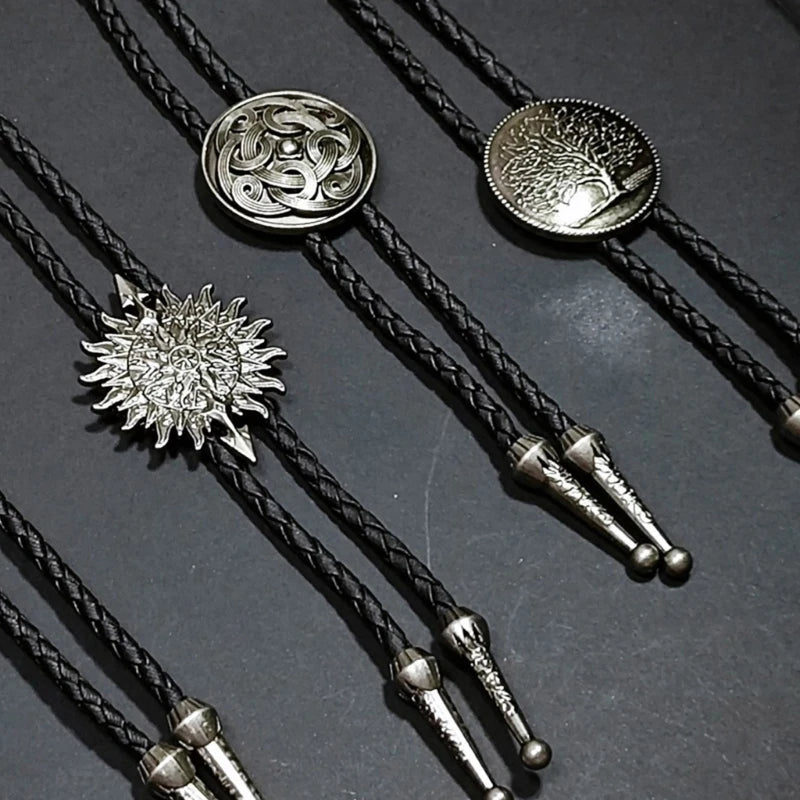Unisex Metal Pendant Bolo Tie Western Leather Cord Adjustable Necktie Necklace