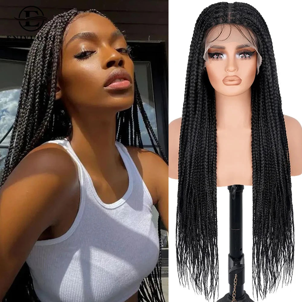 34Inch Knotless Box Braided Wigs for Black Women Synthetic Full Double Lace Front Braided Wig with Baby Hair Synthetic Braid Wig