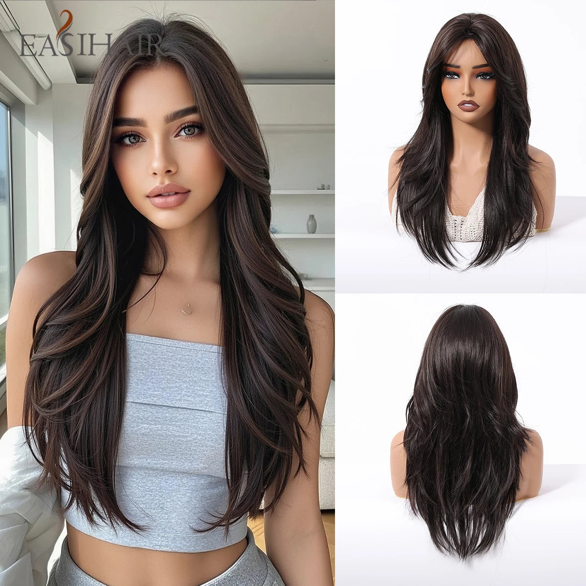 EASIHAIR Brown Straight Layered Wigs for Women Long Natural Hair Synthetic Wigs With Bangs Daily Use Party Heat Resistant Wigs