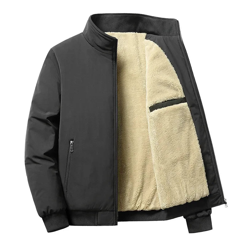 BROWON Winter Clothes Men Jacket Business Casual Solid Thick Fleece Jacket for Men Stand Collar Oversized 8xl Outerwear Coats