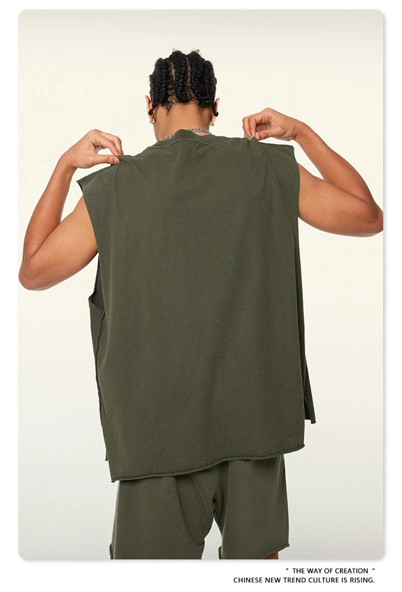 ZODF Vintage 2024 Washed 270gsm Cotton Tank Tops For Men Unisex Summer Relax Fit Slit Sleeveless Vest Streetwears HY0777