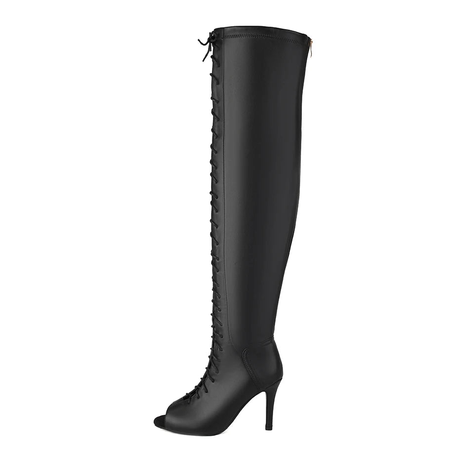 Fashion Party Women's Dance Shoes Sexy Thin High Heels Open Toe Cool Boot Summer Latin Jazz Ballroom Cross Straps Thigh Boots
