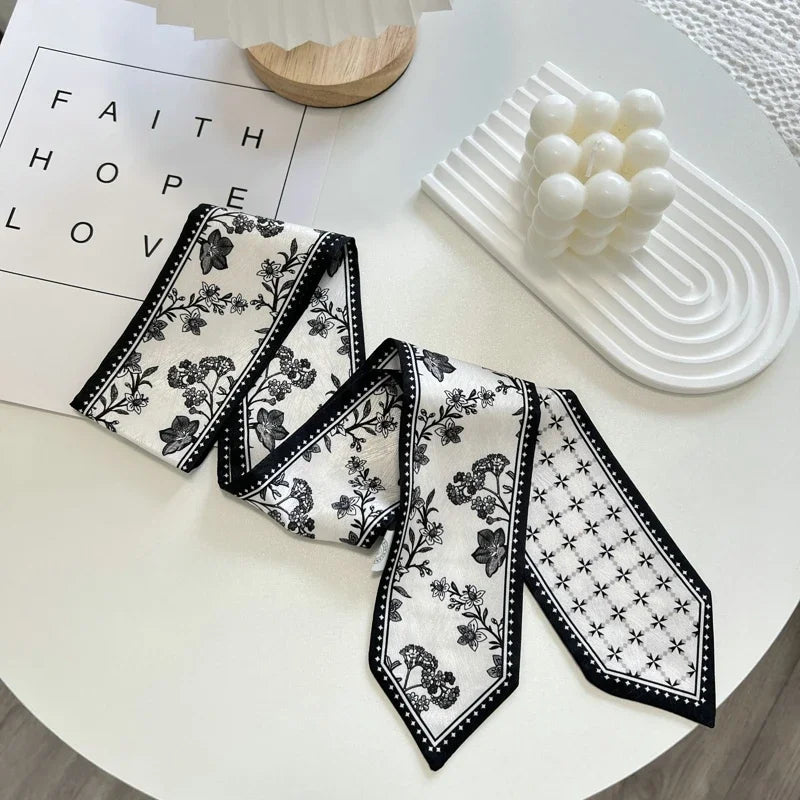 High-Grade Flower Print Long Silk Scarf Hair Band Ribbon Tied-up Hair Long Bow Vintage Satin Ribbon Hair Accessories For Women