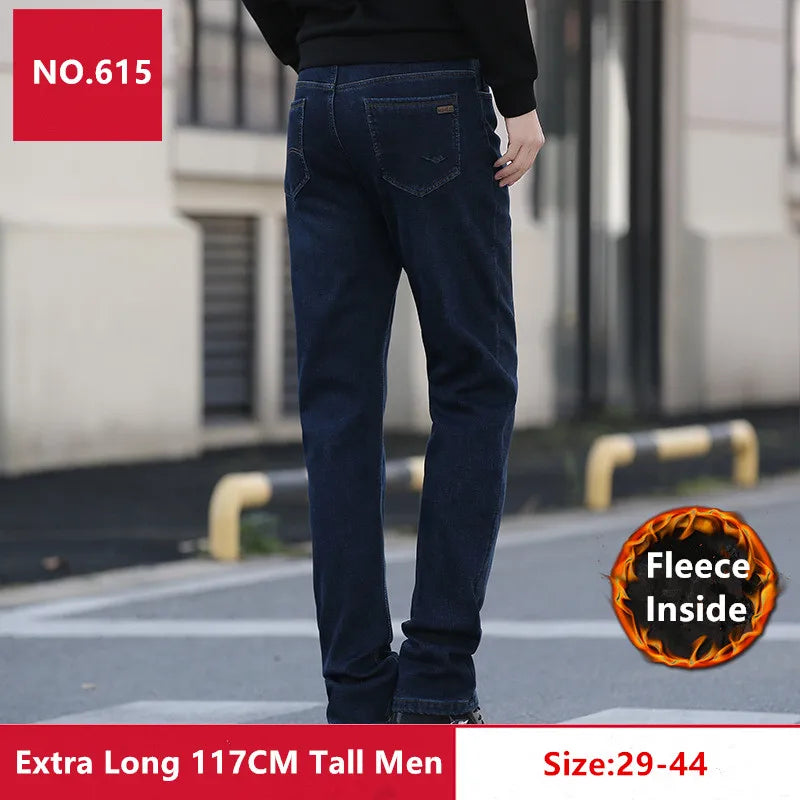 Tall Man Fleece Jeans 117CM Extra Long Stretched Plus Size 42 44 Fit Trousers Warm Autumn Winter High Waist Denim Pants Trousers