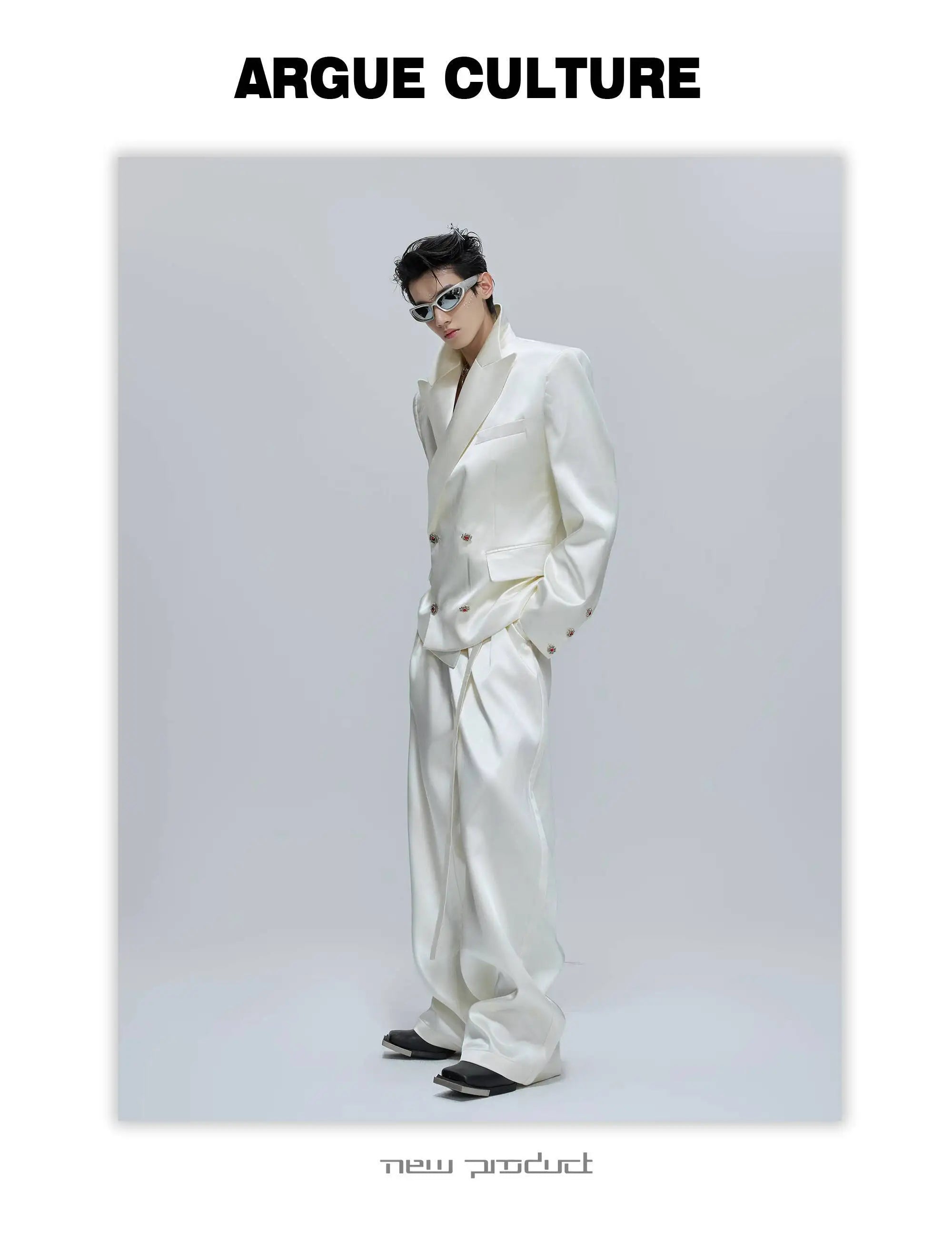 FEWQ Niche Design Men's Suit Sets Lapel Double Breatsed Silhouette Glossy Blazers Wide Leg Belt Chc Button Male Trousers 24K6098