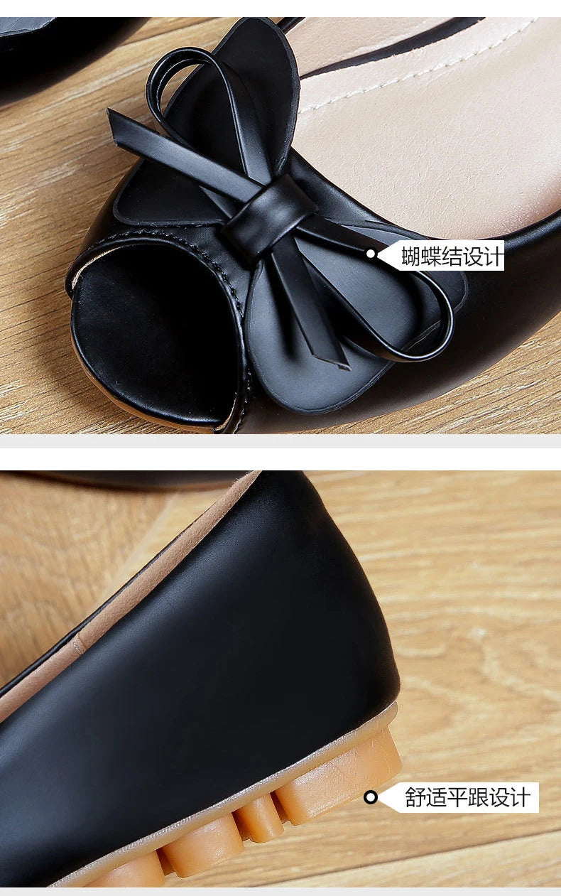 34-43 big size luxury peep toe bowtie flat shoes woman black/white leather ballet flats bow zapatos mujer primavera verano 2022