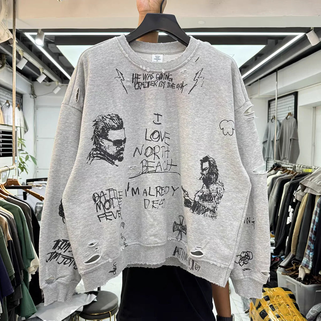 Graffiti illustration letter print ripped top loose casual loop round neck hoodie Men Women Best Quality Hooded Sweatshirt