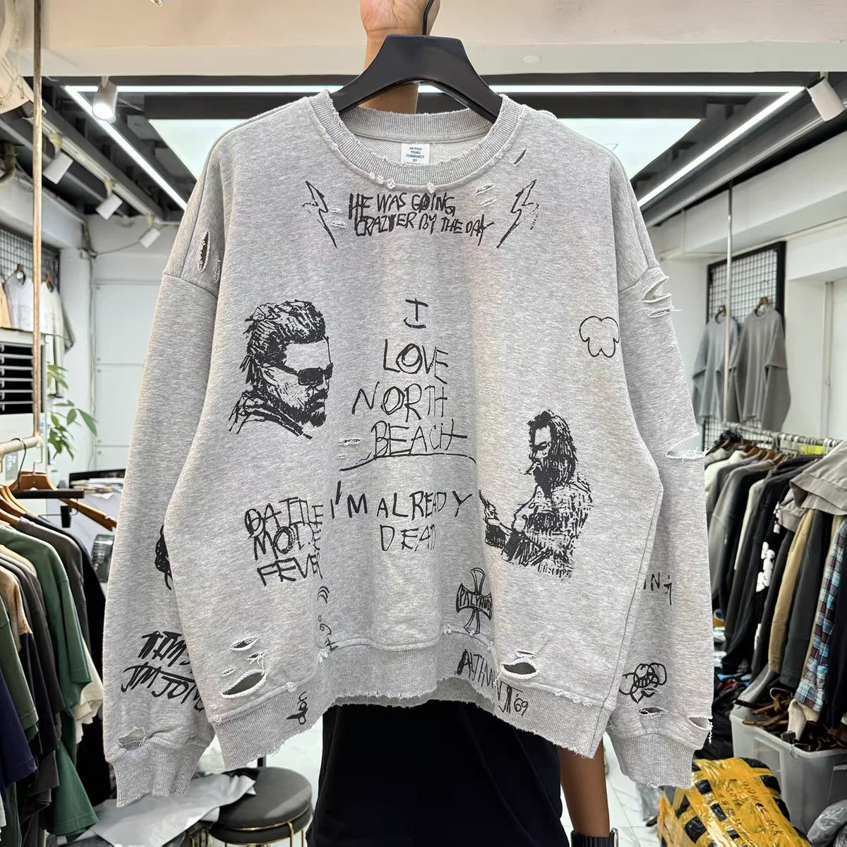 Graffiti illustration letter print ripped top loose casual loop round neck hoodie Men Women Best Quality Hooded Sweatshirt