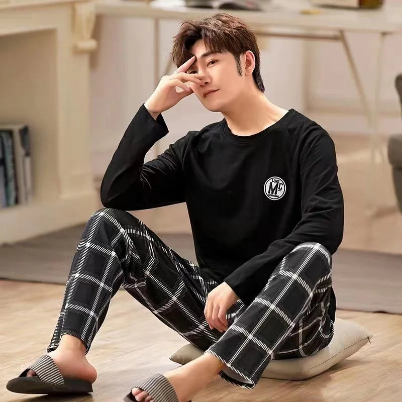 Summer Men's Pyjamas 2024 New Long-Sleeved Large Size Youth Home Wear Suit Black Plaid Trousers Two-Piece Set Can Be Worn Outsid