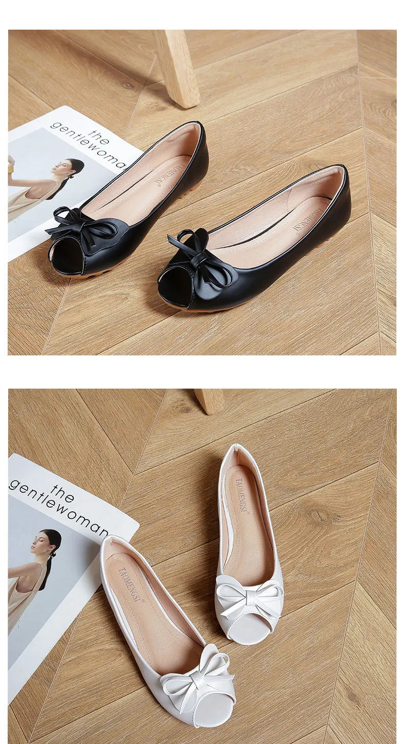34-43 big size luxury peep toe bowtie flat shoes woman black/white leather ballet flats bow zapatos mujer primavera verano 2022