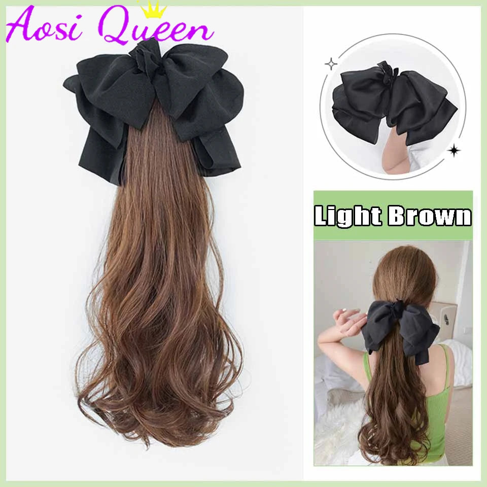 AOSI Synthetic Bow Wig Ponytail Female Clamping Style Long Straight Hair High Ponytail Long Hair Braided Straight Ponytail