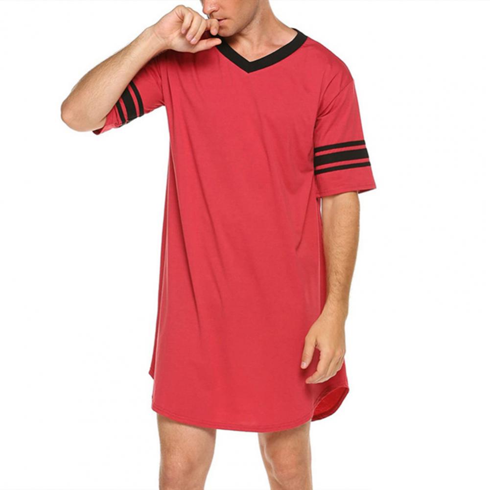 Men Summer Top Color Matching Men Loungewear Long Style Short Sleeve V Neck Home Clothes Striped Print Sleeping Clothes For Men