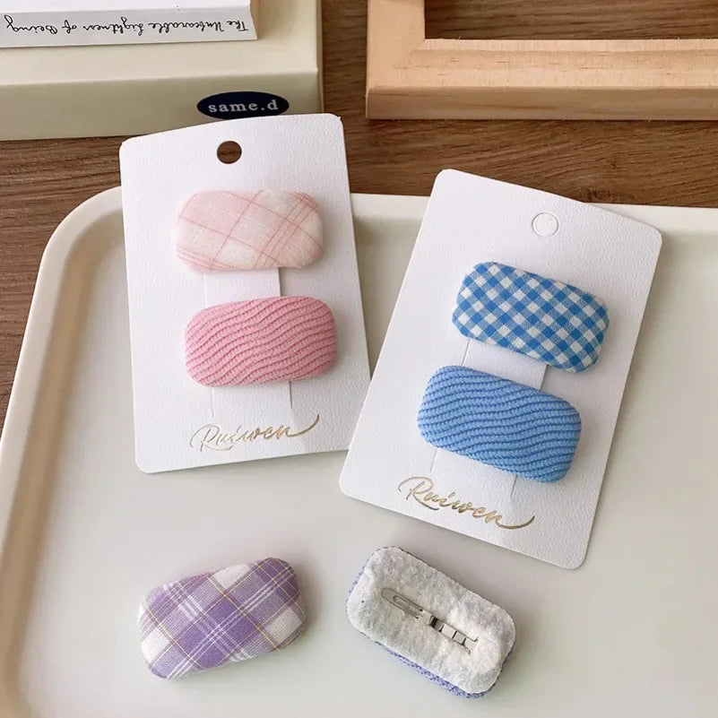 2Pcs/Set Kawaii Girls Sweet Hair Clips Fabric Plaid Cotton Hairpins for Baby Hair Square Shape Women Bangs Barrettes Headwear