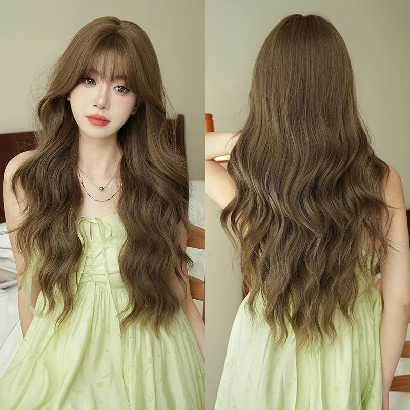 7JHH WIGS Body Wavy Wig Long Loose Curly Brown Wig for Women Daily Use High Density Synthetic Layered Hair Wigs with Bangs