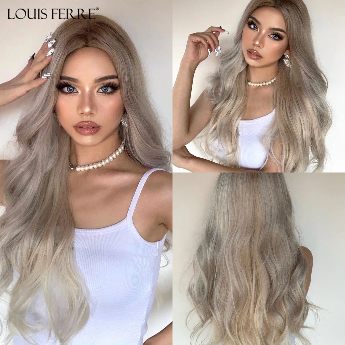LOUIS FERRE Brown Blonde Highlights Wigs For Women Daily Long Wavy Curly Synthetic Wigs Natural Heat Resistant Hair With Bangs