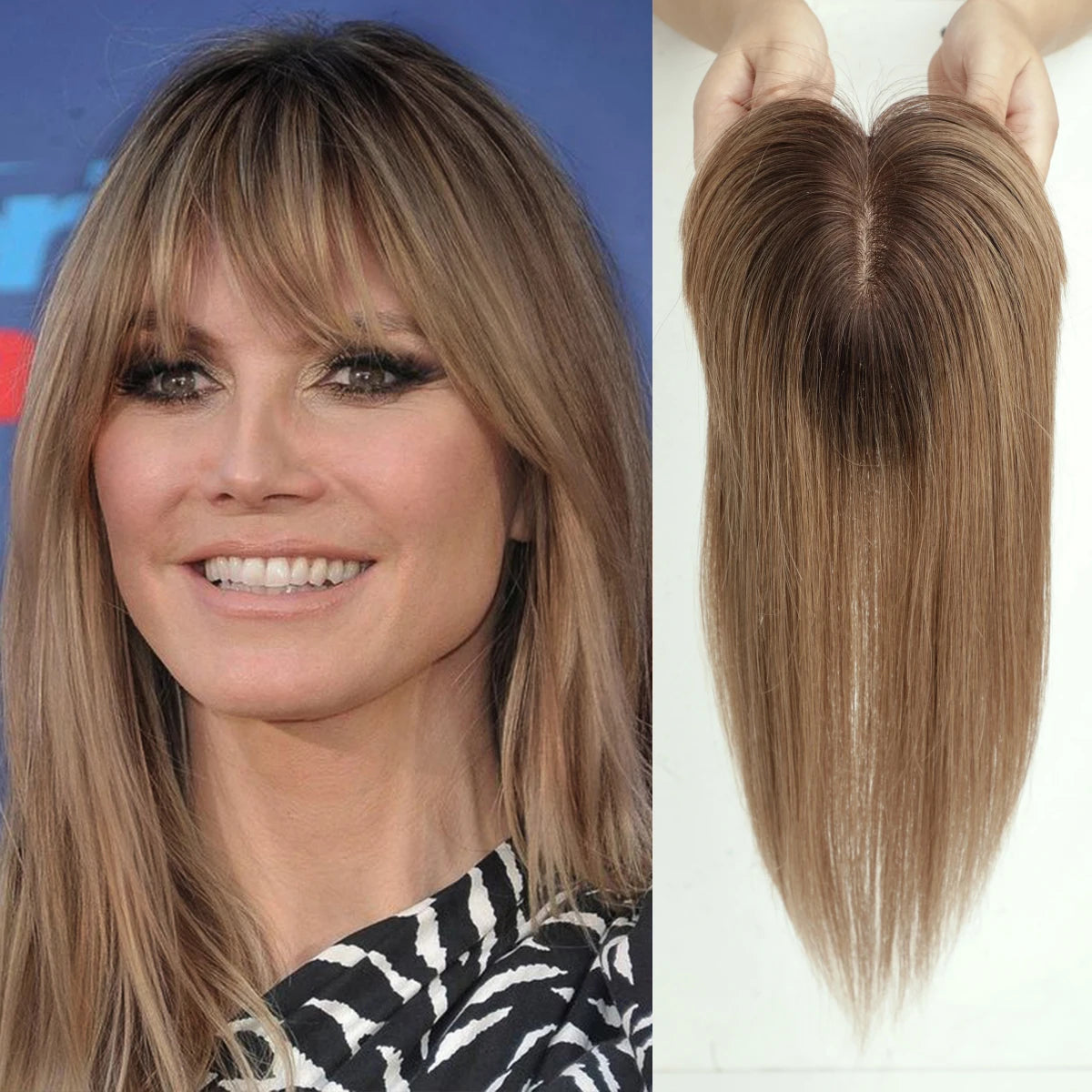 Ombre Brown Real Human Hair Toppers Wigs with Bangs Silk Base Clip Pieces 14inch Straight Topper Hairs for Women Hair Extension