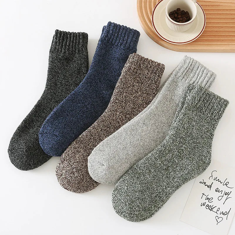 5 Pairs Winter Socks Men's Wool Warm Socks Thick Towel Mid-Calf Anti-Cold Snow Boots Socks Retro Solid Color Merino Terry Socks
