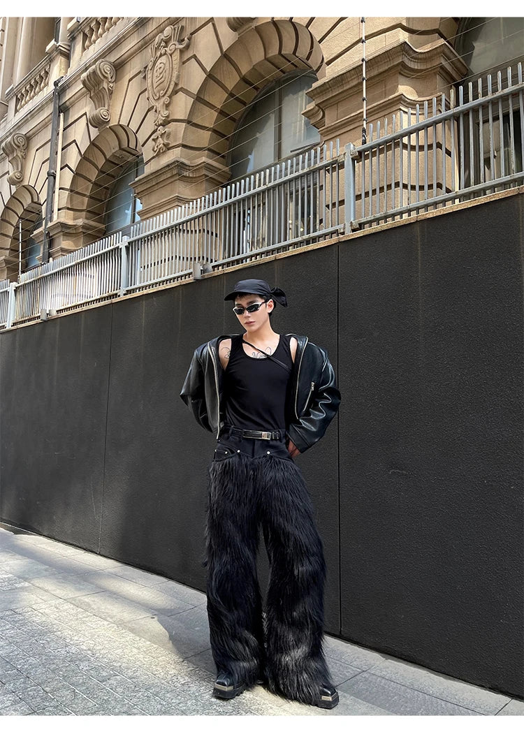Mauroicardi Autumn Winter Long Black Thick Warm Hairy Shaggy Faux Fur Wide Leg Pants for Mens Luxury Designer Clothes Streetwear