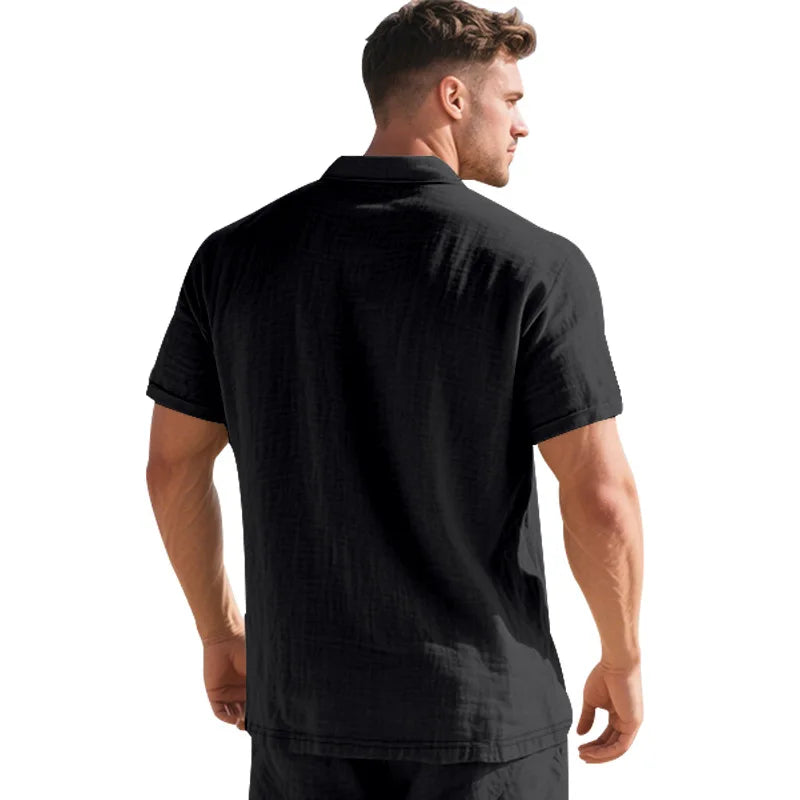 2025Summer New Men's Shirt British Style Loose Trendy Breathable Linen Casual Polo Collar Series POLO Shirt Short Sleeve