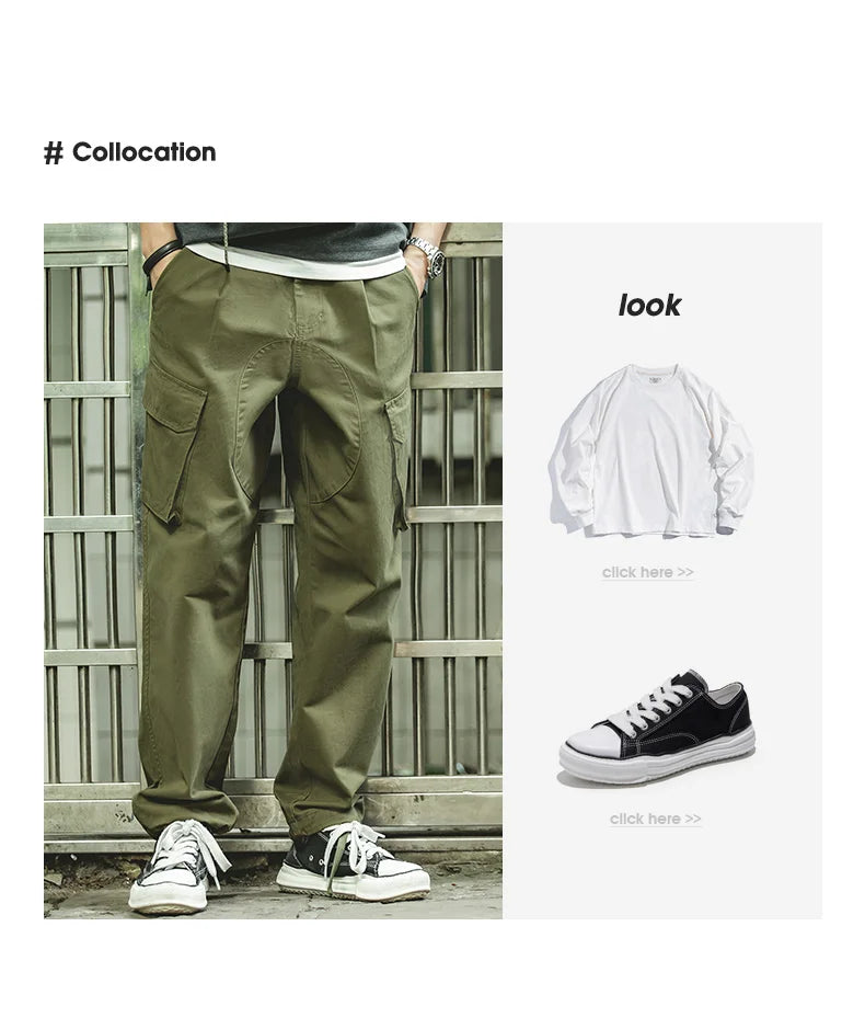 Maden Vintage Tactical Tapered Pants for Men 100% Cotton Wide Cargo Pant Casual Baggy Large Pockets Trousers Streetwear