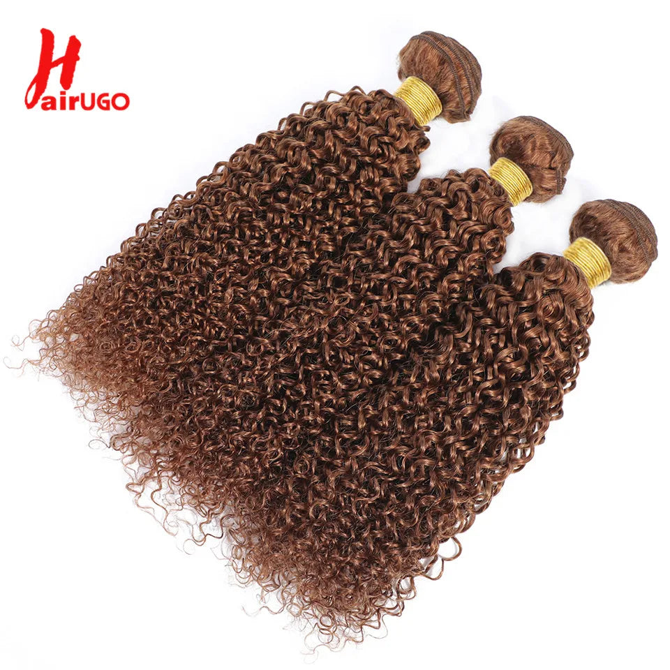 HairUGo Brazilian Kinky Curly Hair Bundles 27# Brown Remy 1/2/3 Kinky Curly Human Hair Weave Hair Extensions Blonde Hair Weaving