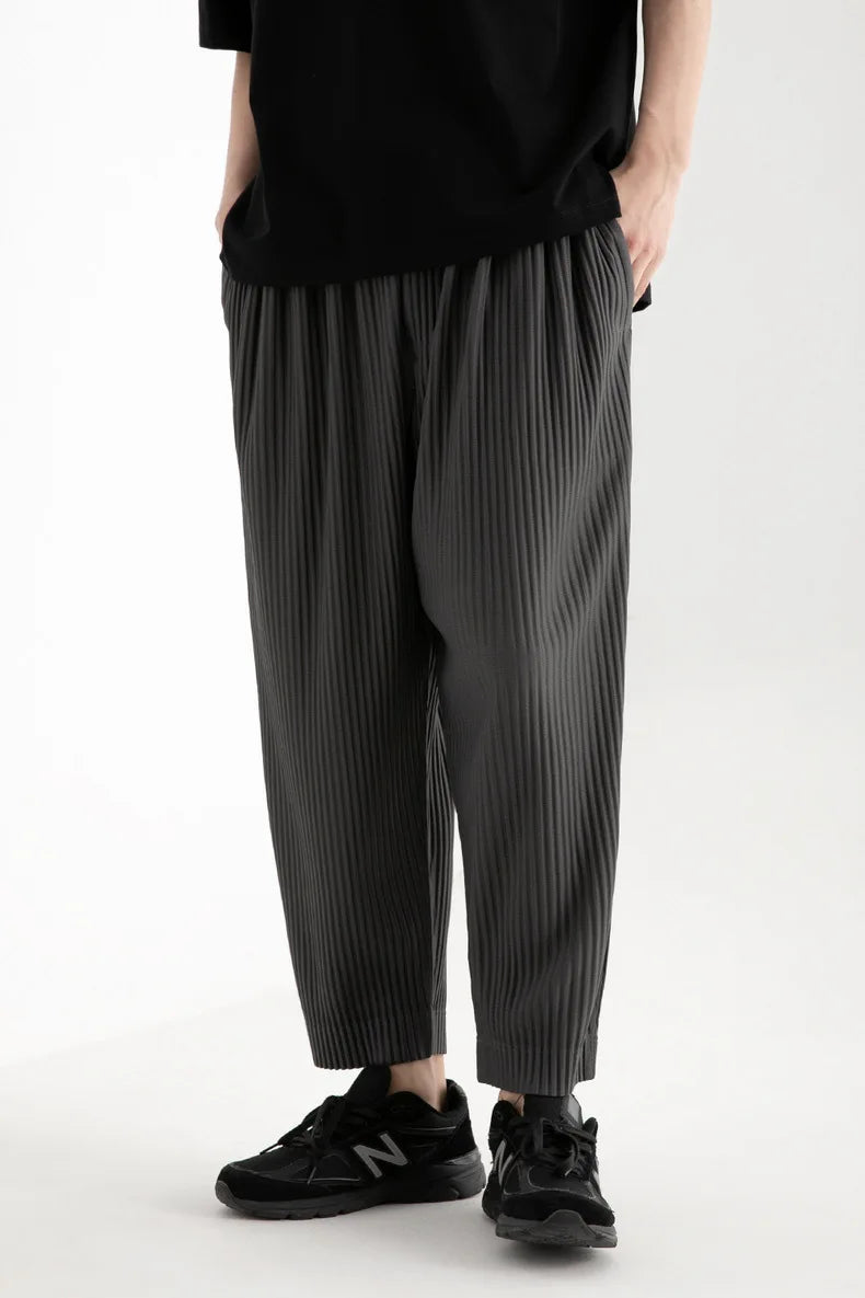 Pleats Pleated Commuter Pants Men's 2024 Autumn New Draped Elastic Trousers Casual Japanese Men Solid Color Nine Minute Pants