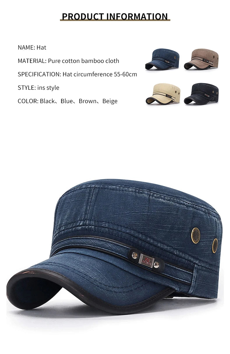 Unisex Baseball Cap Vintage Cadet Top Cap Washed Cotton Fashion Adjustable Flat Top Hat for Men Women