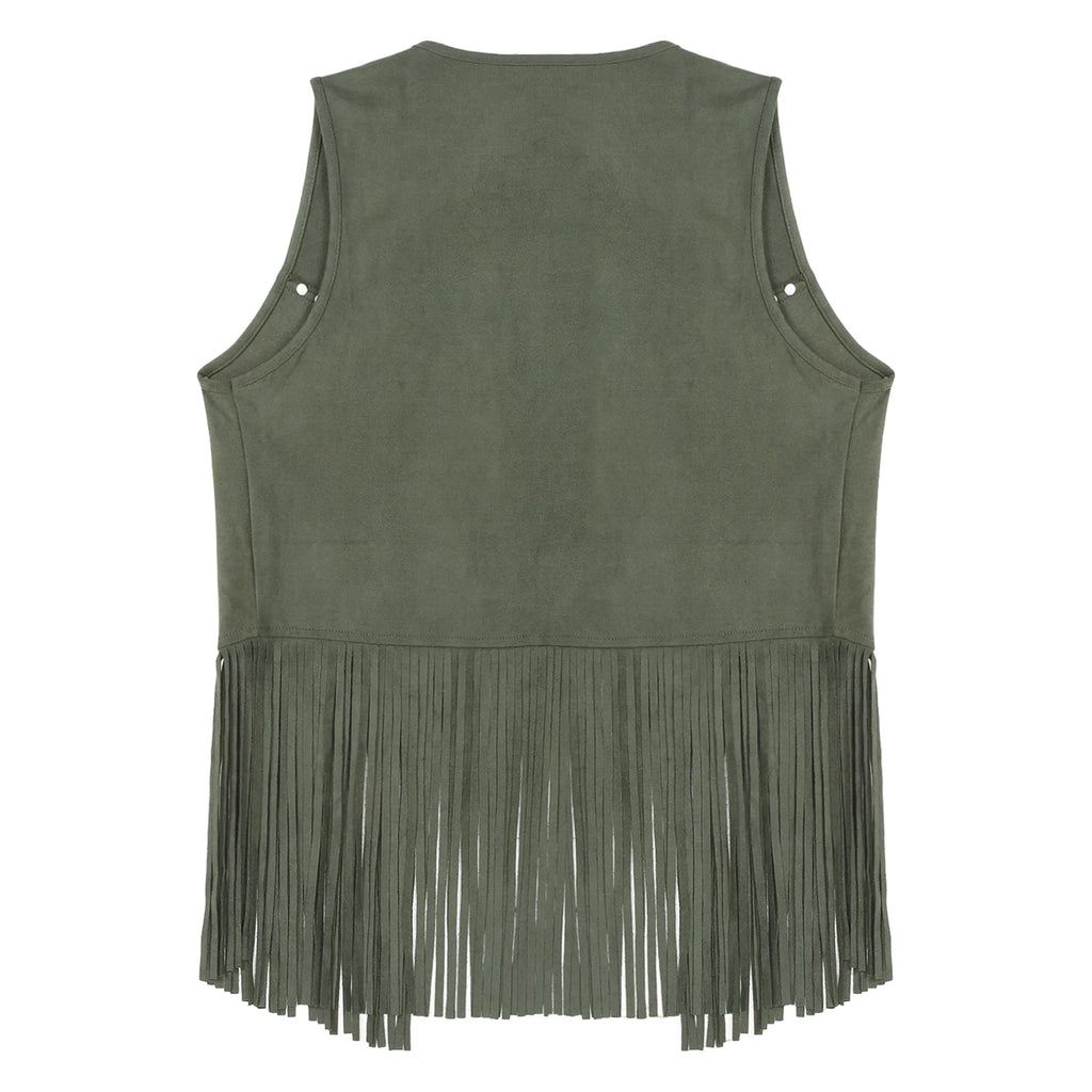 Mens Faux Suede Tassel Vest Coat Punk Western Cowboy Costume Fashion Rivets Fringe Waistcoat Open Front Sleeveless Jacket Tops