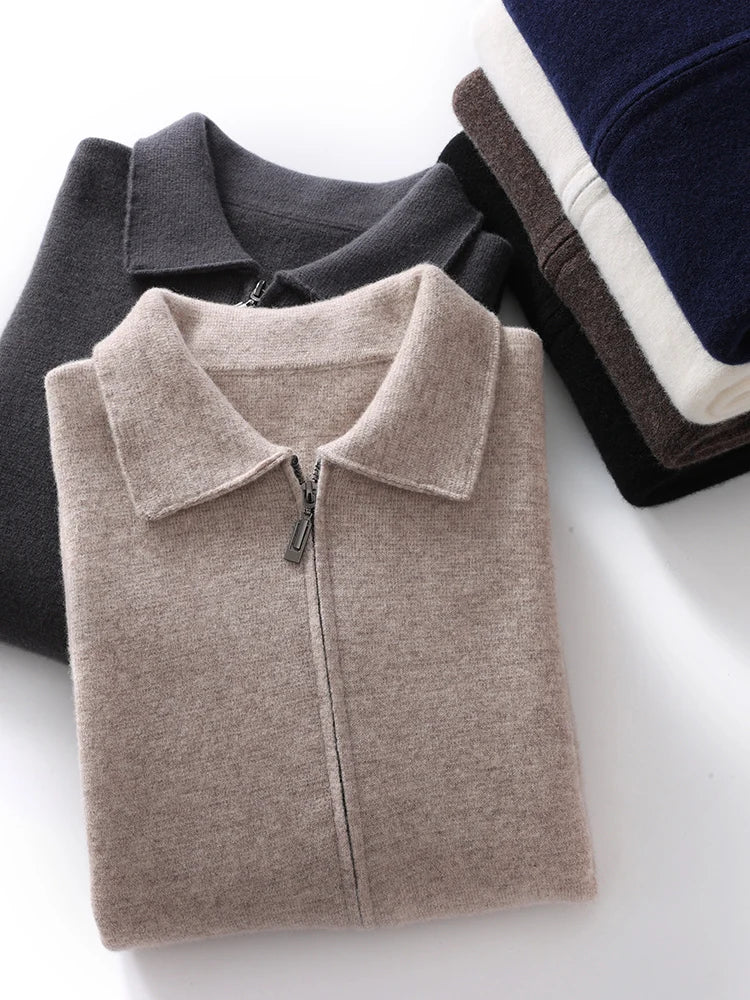 New 100% Pure Wool Knitwear Cardigan Sweater Men's Lapel Zipper Thick Jacket Shirt Collar Smart Casual Knitted Long Sleeve Tops