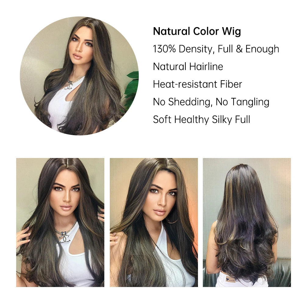 ALAN EATON Long Wave Dark Brown Synthetic Wigs for Black Women Middle Parted Wigs with Highlights Cosplay Hair Heat Resistant