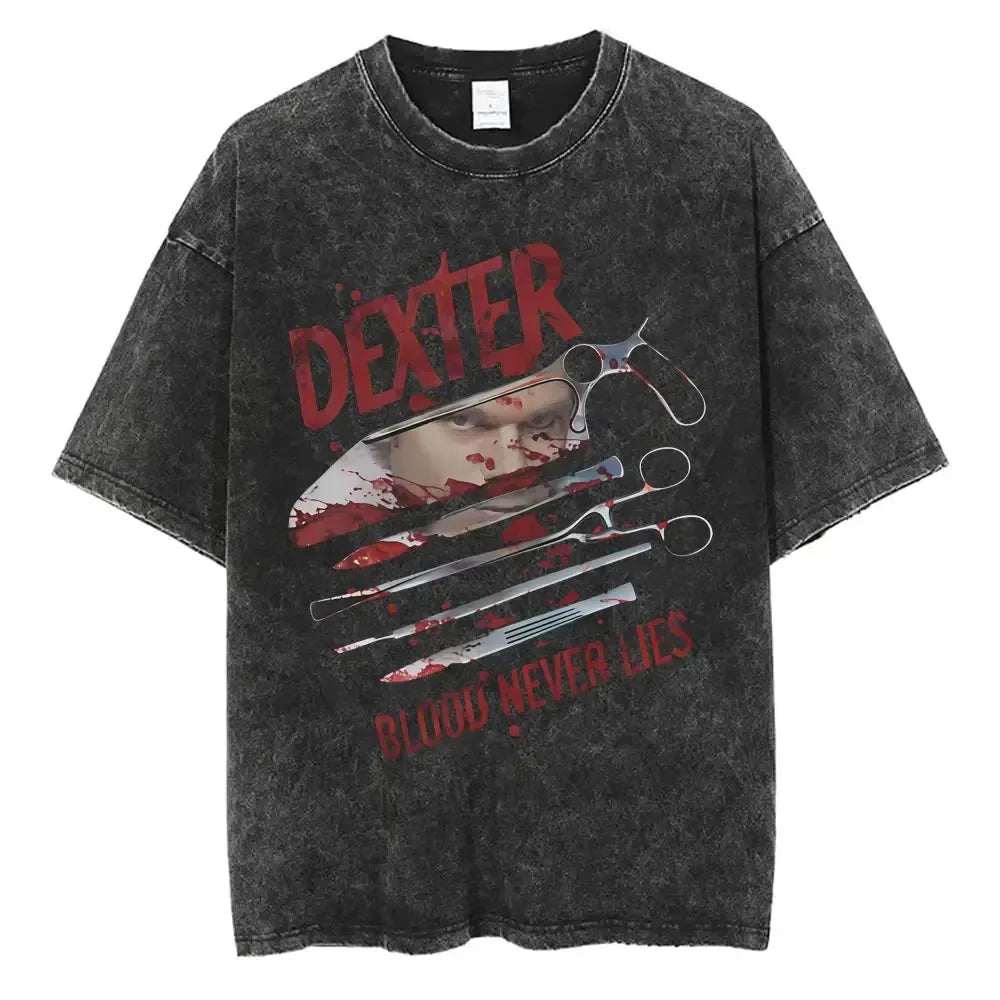 Classic TV Play Dexter Morgan Still Print T-shirt Vintage Washed Cotton Men Women Oversized Summer New Tee Casual Oversized Tops