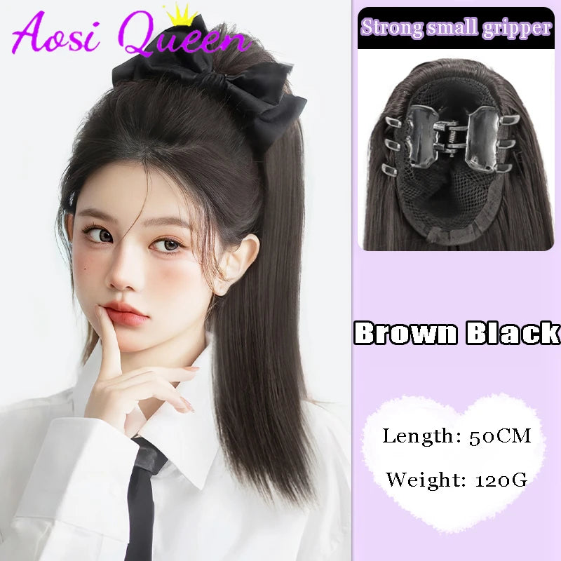 AOSI Synthetic Bow Wig Ponytail Female Clamping Style Long Straight Hair High Ponytail Long Hair Braided Straight Ponytail