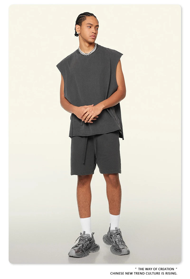 ZODF Vintage 2024 Washed 270gsm Cotton Tank Tops For Men Unisex Summer Relax Fit Slit Sleeveless Vest Streetwears HY0777