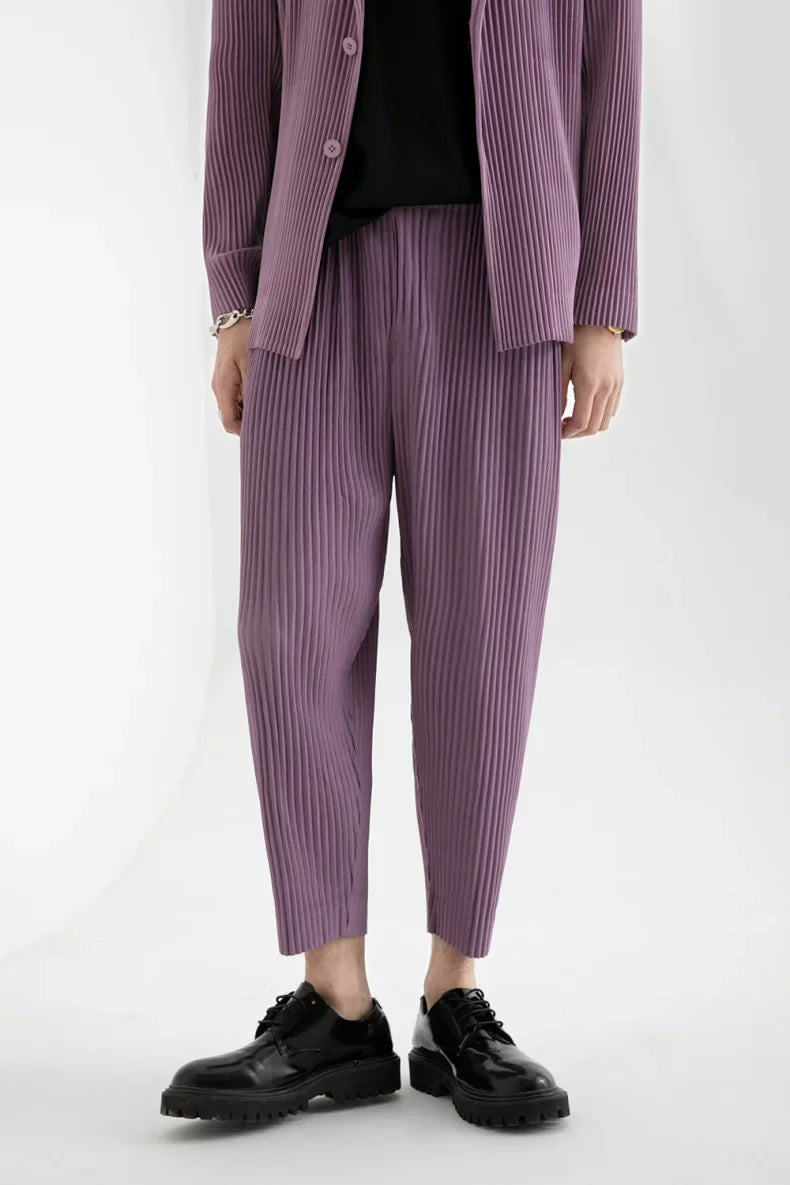 Pleats Pleated Commuter Pants Men's 2024 Autumn New Draped Elastic Trousers Casual Japanese Men Solid Color Nine Minute Pants