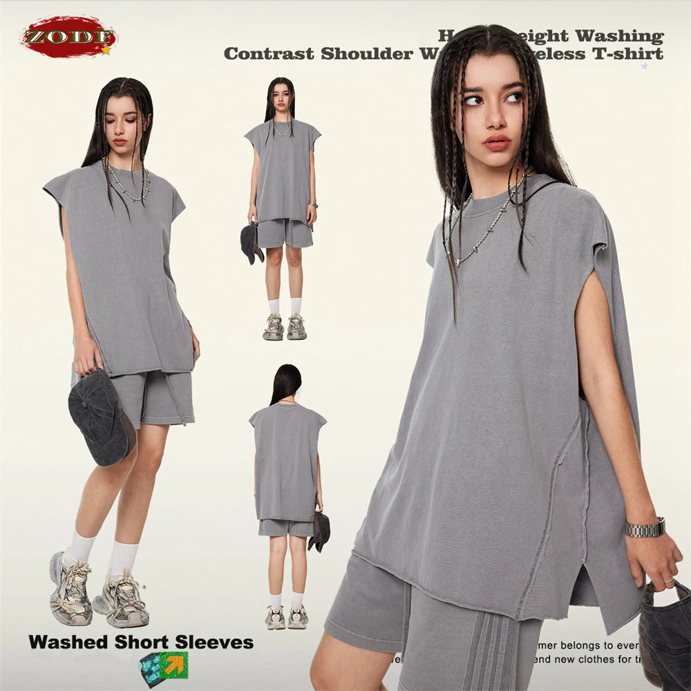 ZODF Vintage 2024 Washed 270gsm Cotton Tank Tops For Men Unisex Summer Relax Fit Slit Sleeveless Vest Streetwears HY0777