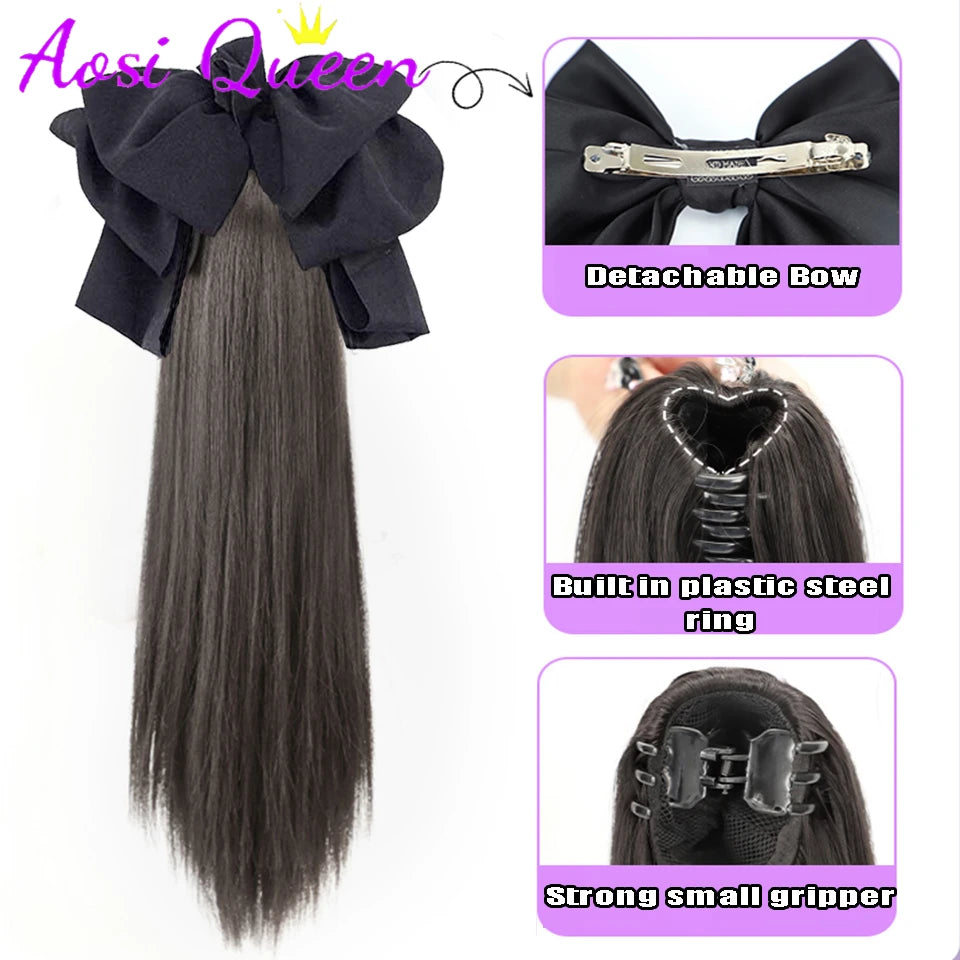AOSI Synthetic Bow Wig Ponytail Female Clamping Style Long Straight Hair High Ponytail Long Hair Braided Straight Ponytail