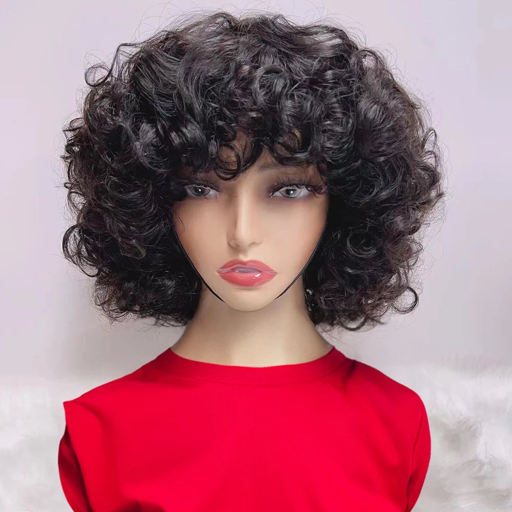 Ready to Wear Funmi Curly Full Machine Made Short Bob Wig with Bangs Glueless Loose Curly Vietnamese Human Hair Wigs for Women