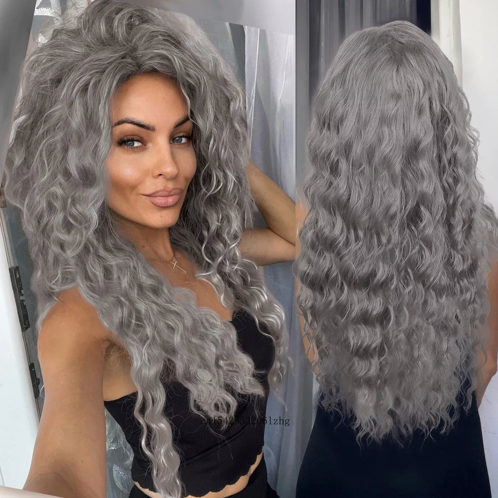 GNIMEGIL Synthetic Grey Hair Long Water Wave Wigs for Women Natural Fluffy Curly Wave Wig Cosplay Halloween Party Heat Resistant