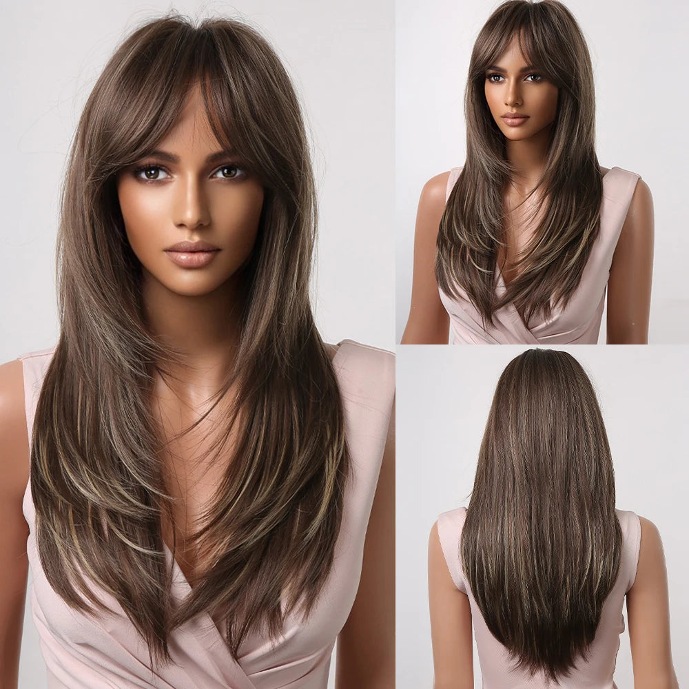 ALAN EATON Long Straight Layered Synthetic Wigs with Bangs Blonde Highlights on Brown Wigs for Black Women Afro Daily Party Hair